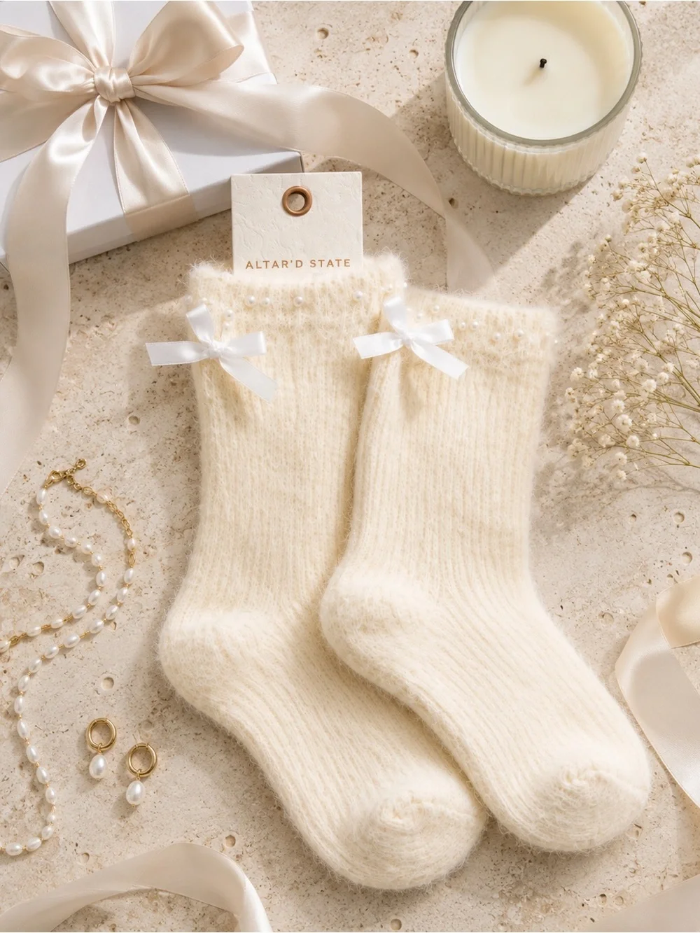 Altar’d State Ivory Pearl Bow Fuzzy Crew Socks NWT Cozy Gift (1 Pair)
